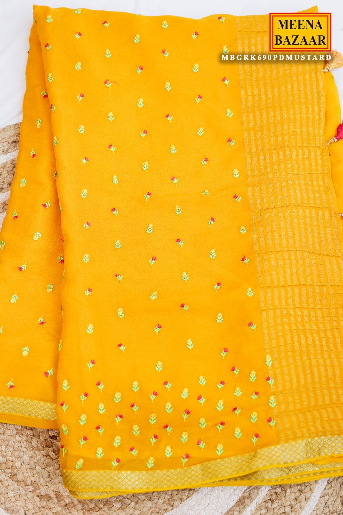 Mustard Chiffon Saree with Thread Embroidery – Elegant Festive & Party Wear Saree