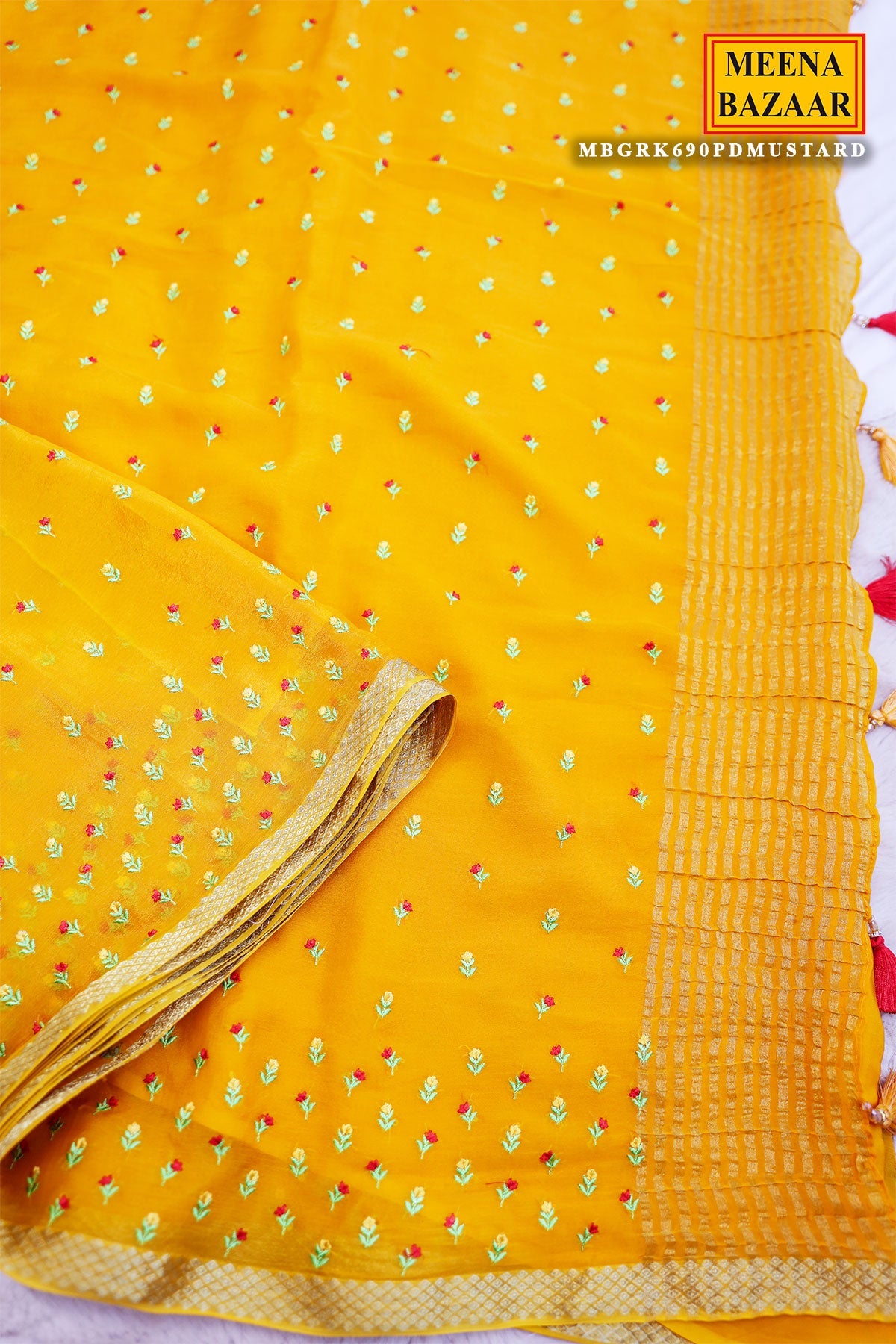 Mustard Chiffon Saree with Thread Embroidery – Elegant Festive & Party Wear Saree