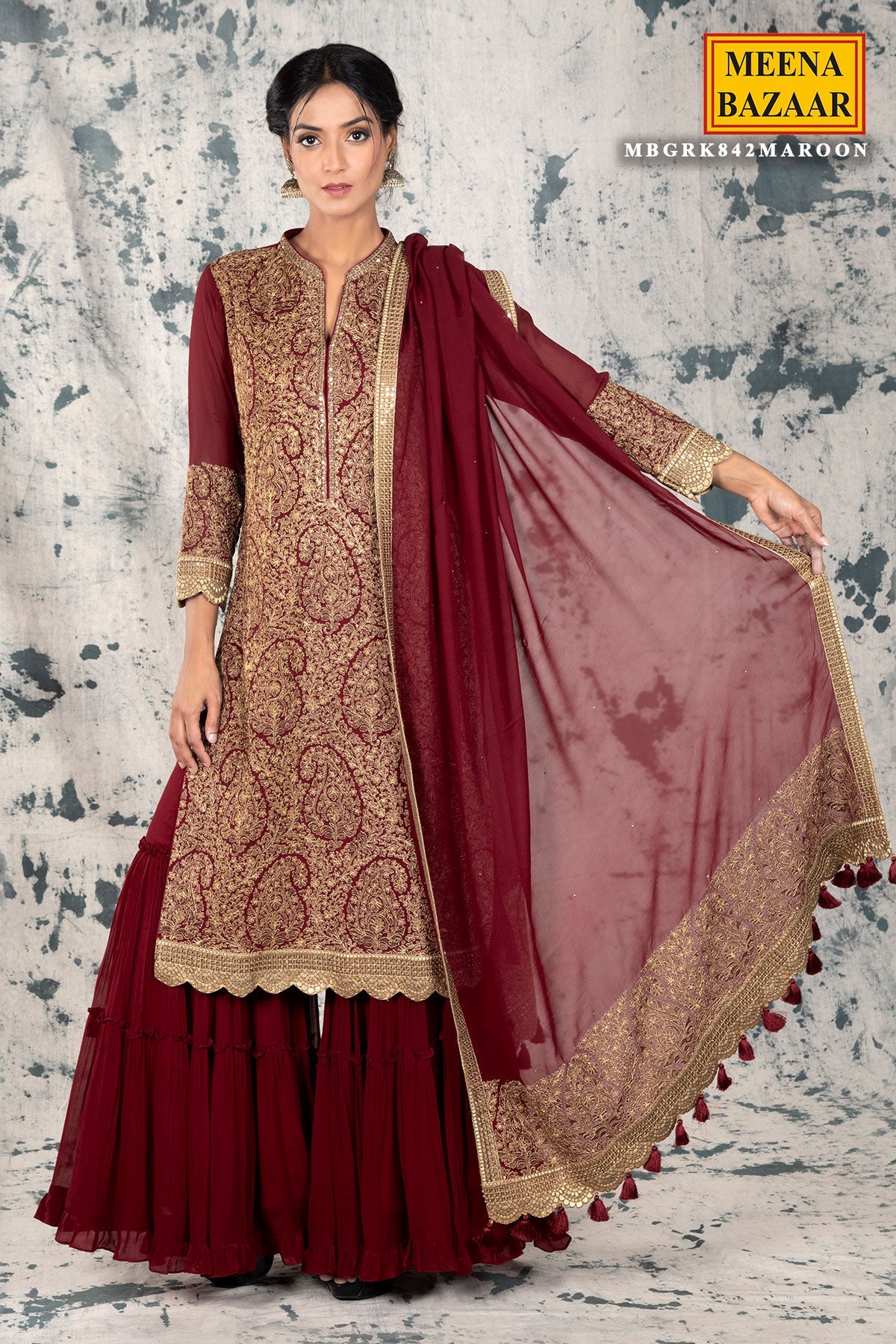 Maroon Georgette Gharara Unstitched Suit