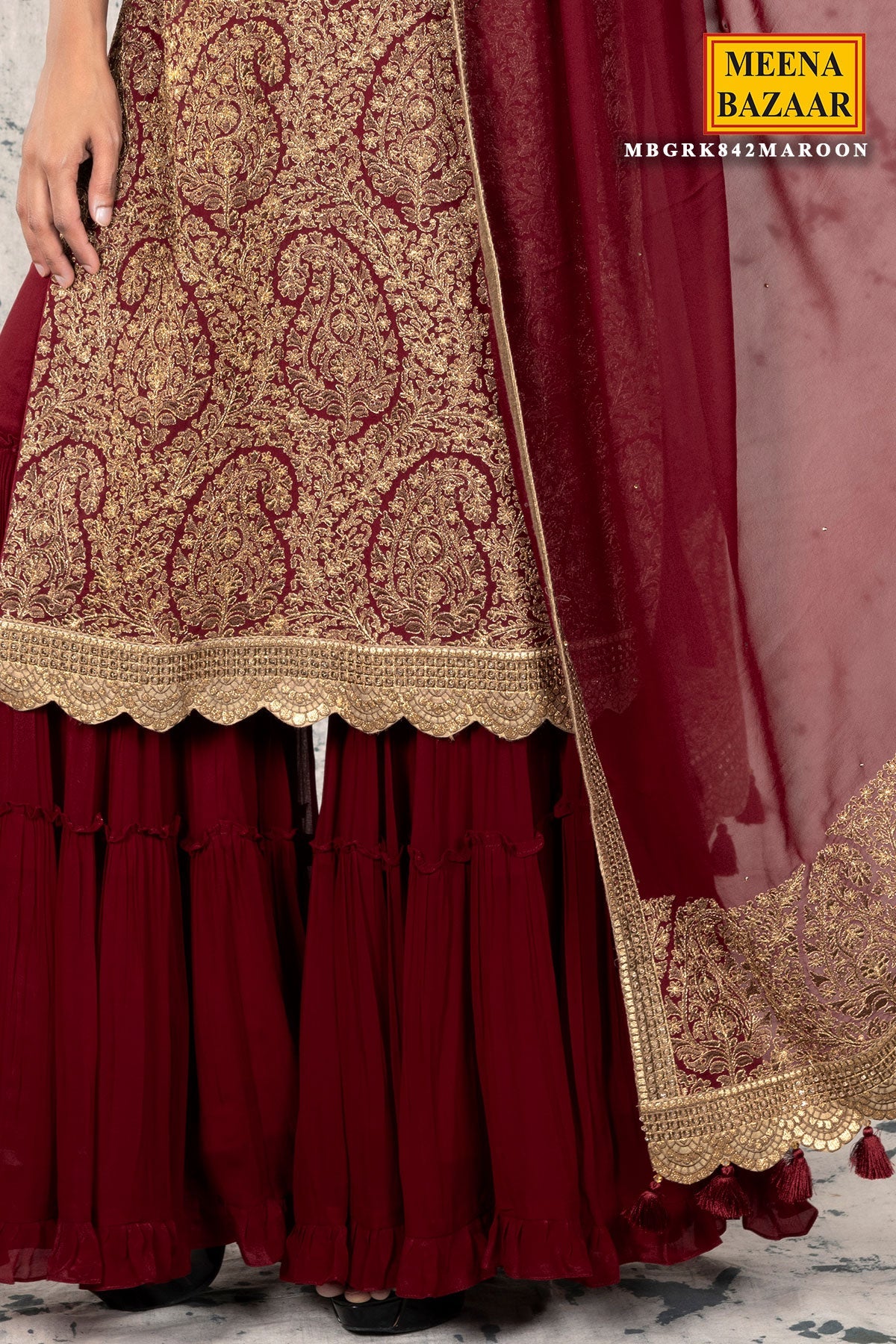 Maroon Georgette Gharara Unstitched Suit