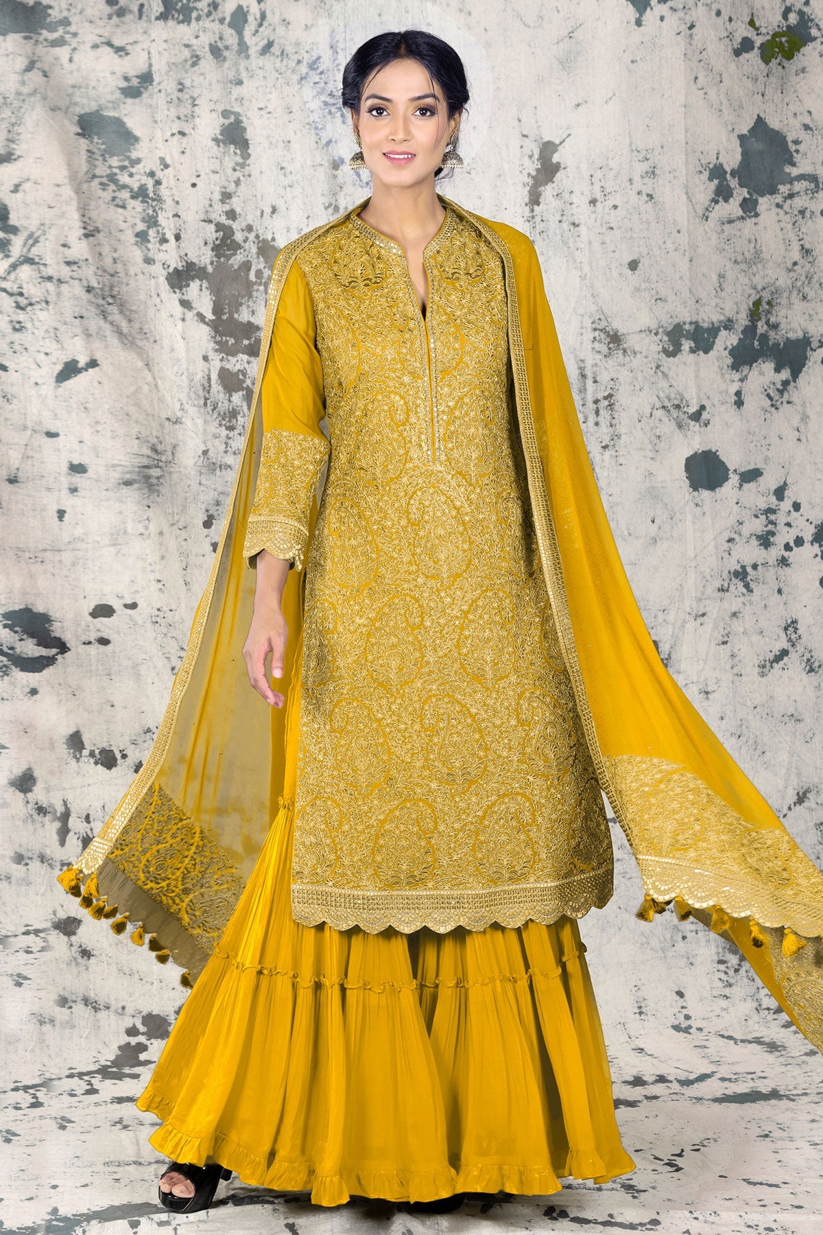 Mustard Georgette Gharara Unstitched Suit
