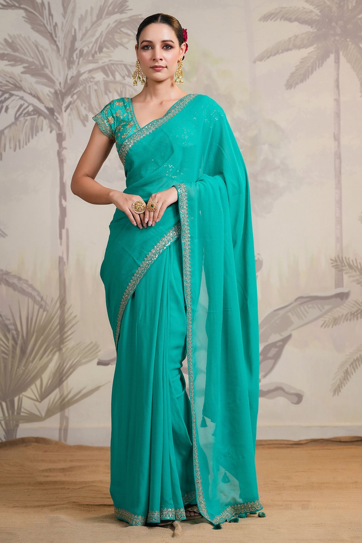 Rama Georgette Zari and Sequins Embroidered Saree