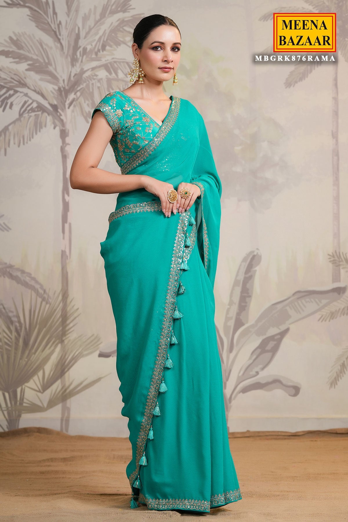 Rama Georgette Zari and Sequins Embroidered Saree