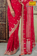 Carmine Red Georgette Sequins Embroidered Saree