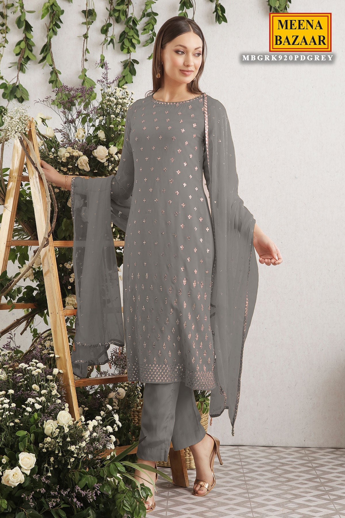 Grey Embroidered Georgette Unstitched Suit