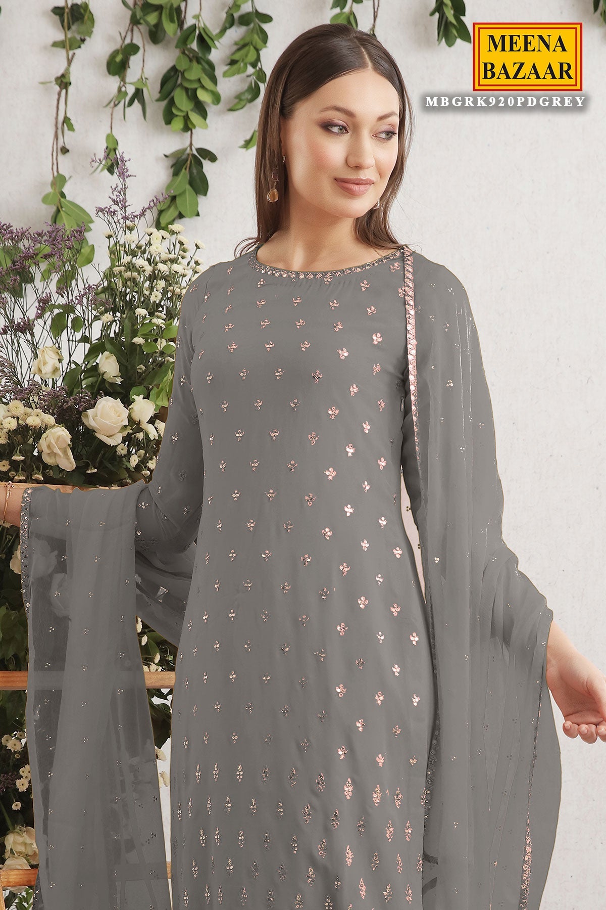 Grey Embroidered Georgette Unstitched Suit