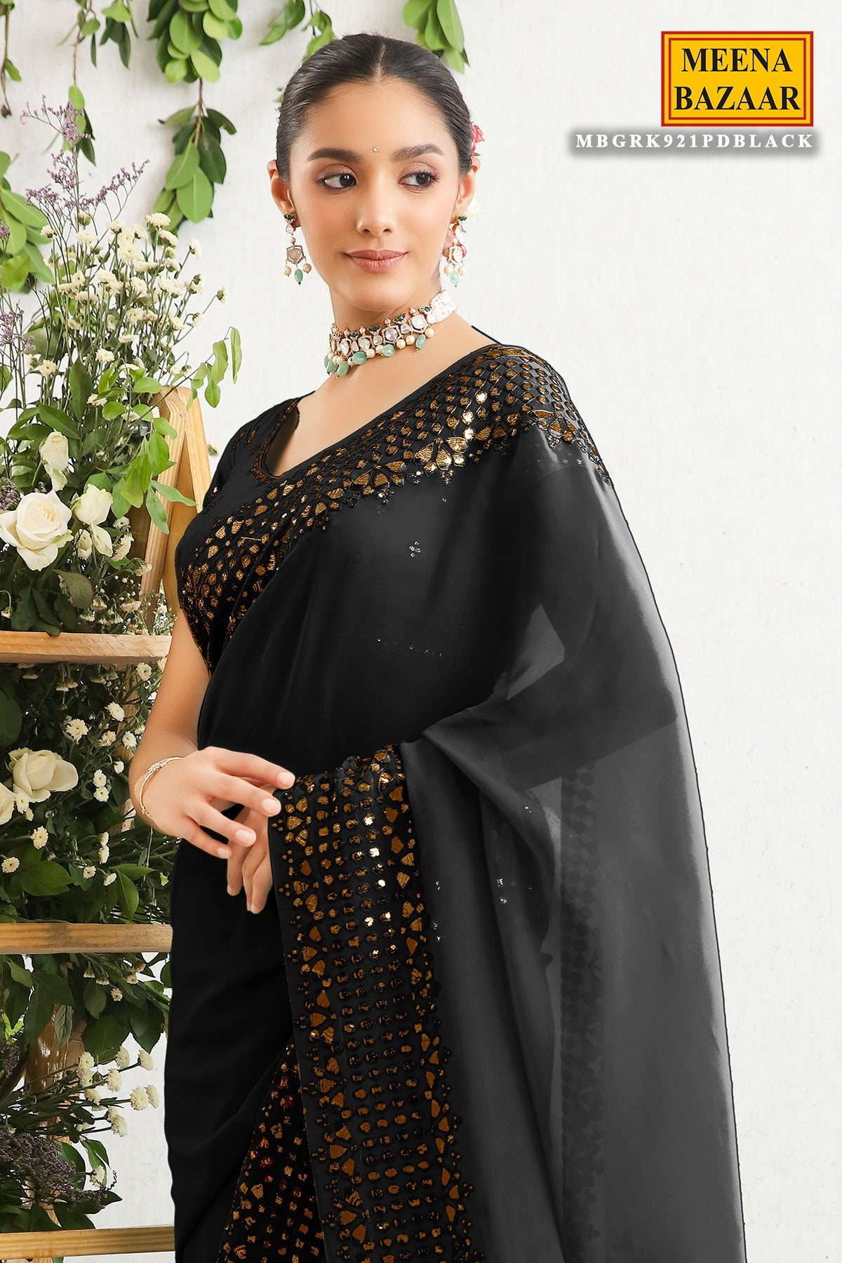 Black Georgette Gota Patti, Sequins, and Thread Embroidered Saree