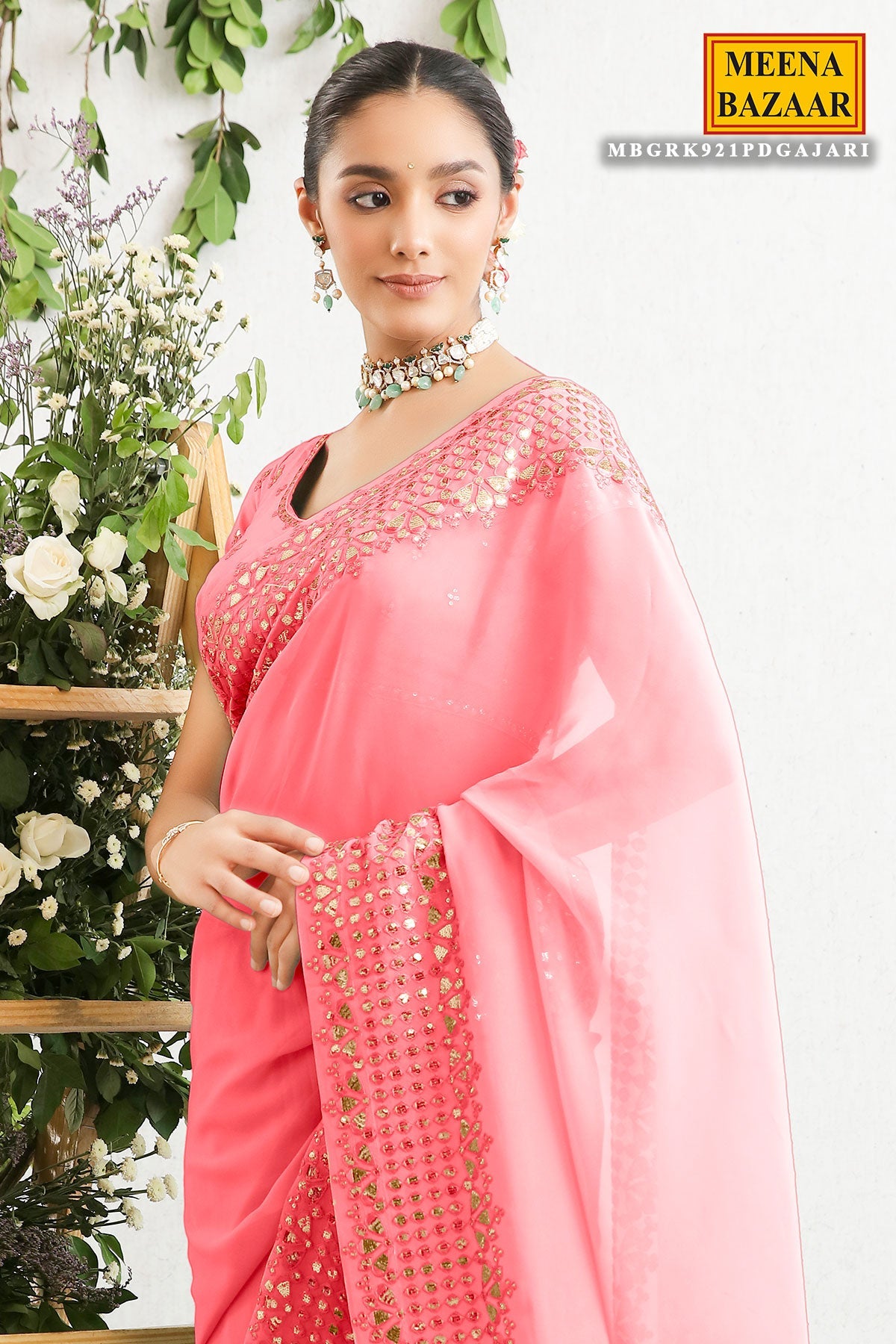 Gajari Georgette Gota Patti, Sequins, and Thread Embroidered Saree