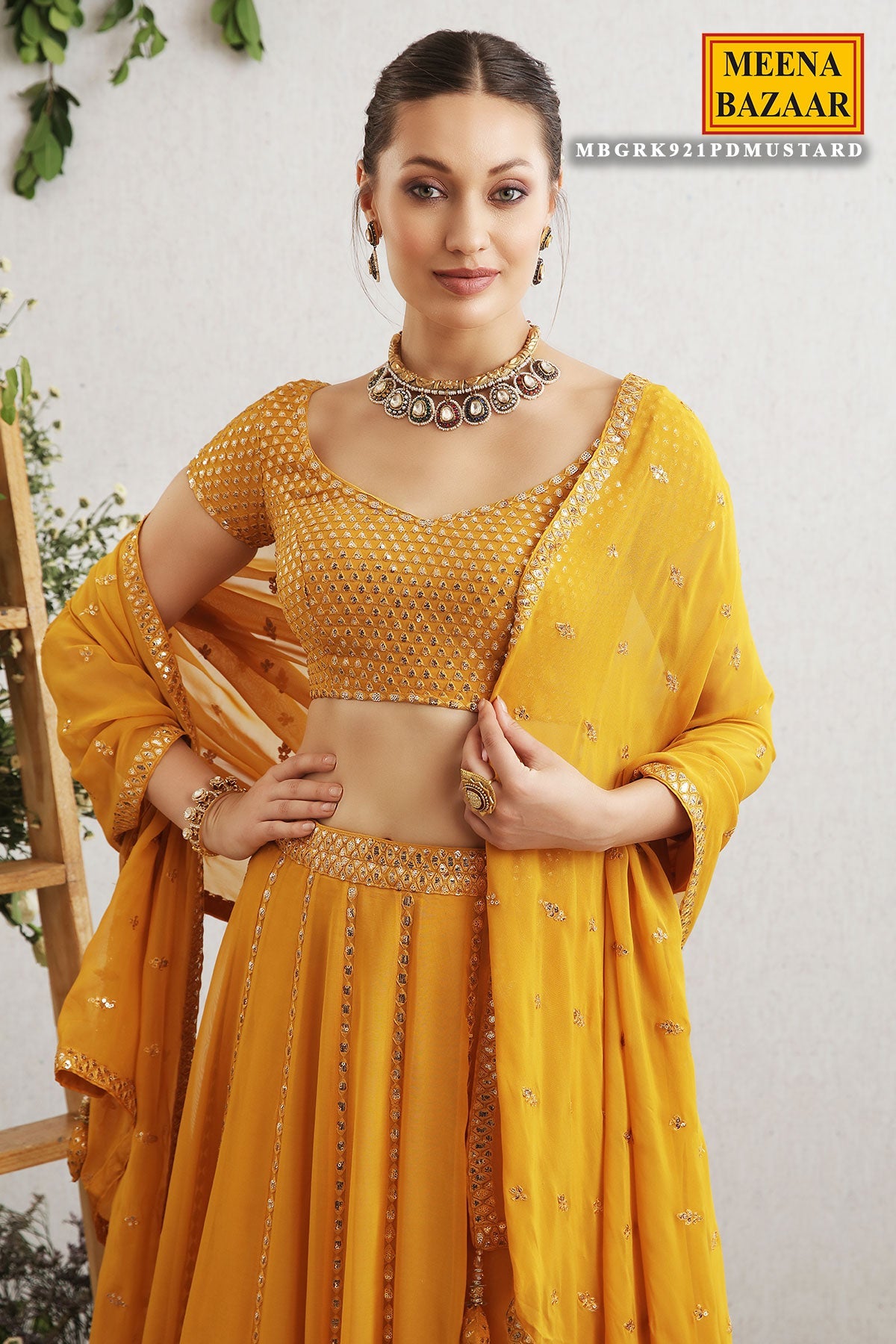 Mustard Embroidered Georgette Lehenga