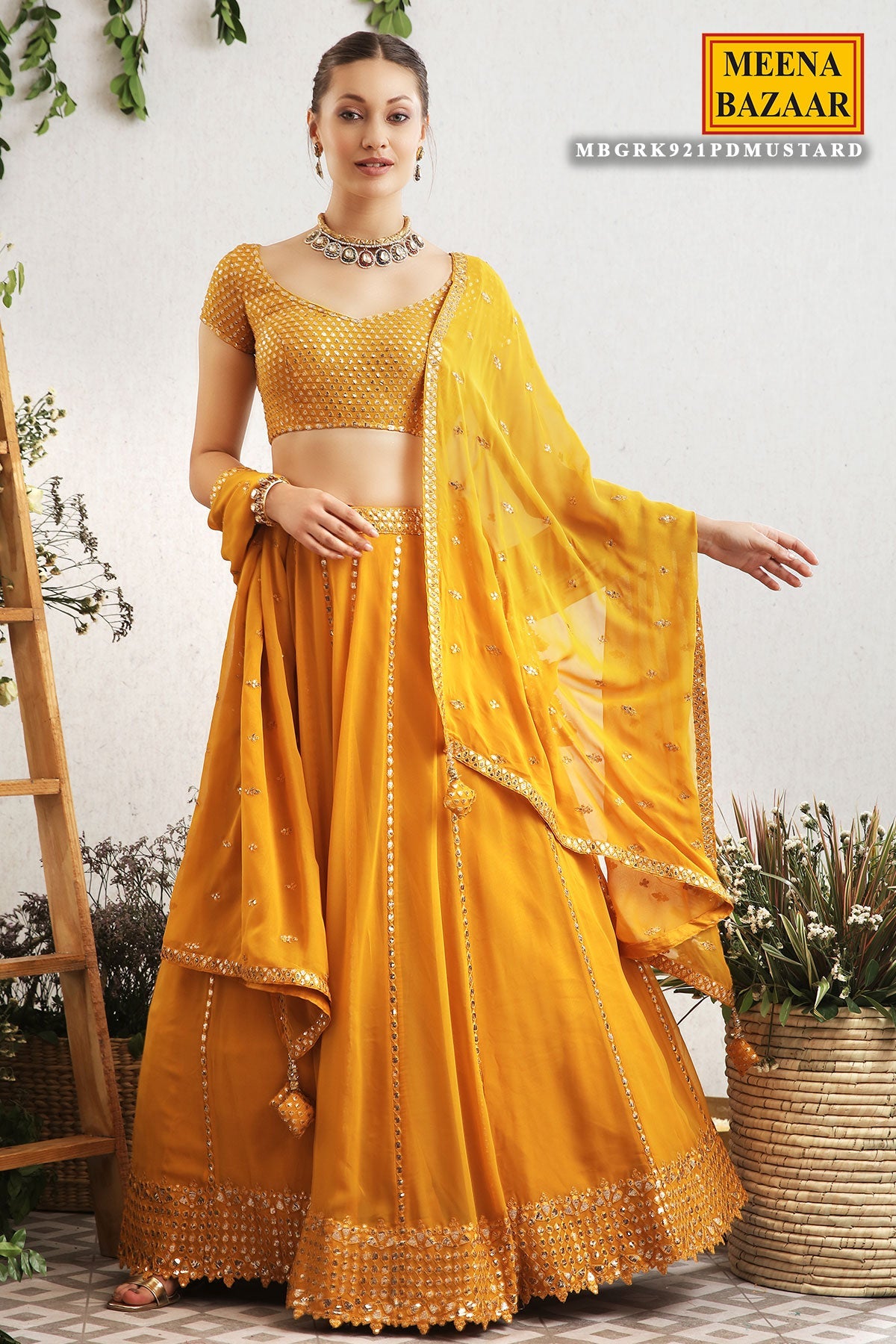 Mustard Embroidered Georgette Lehenga