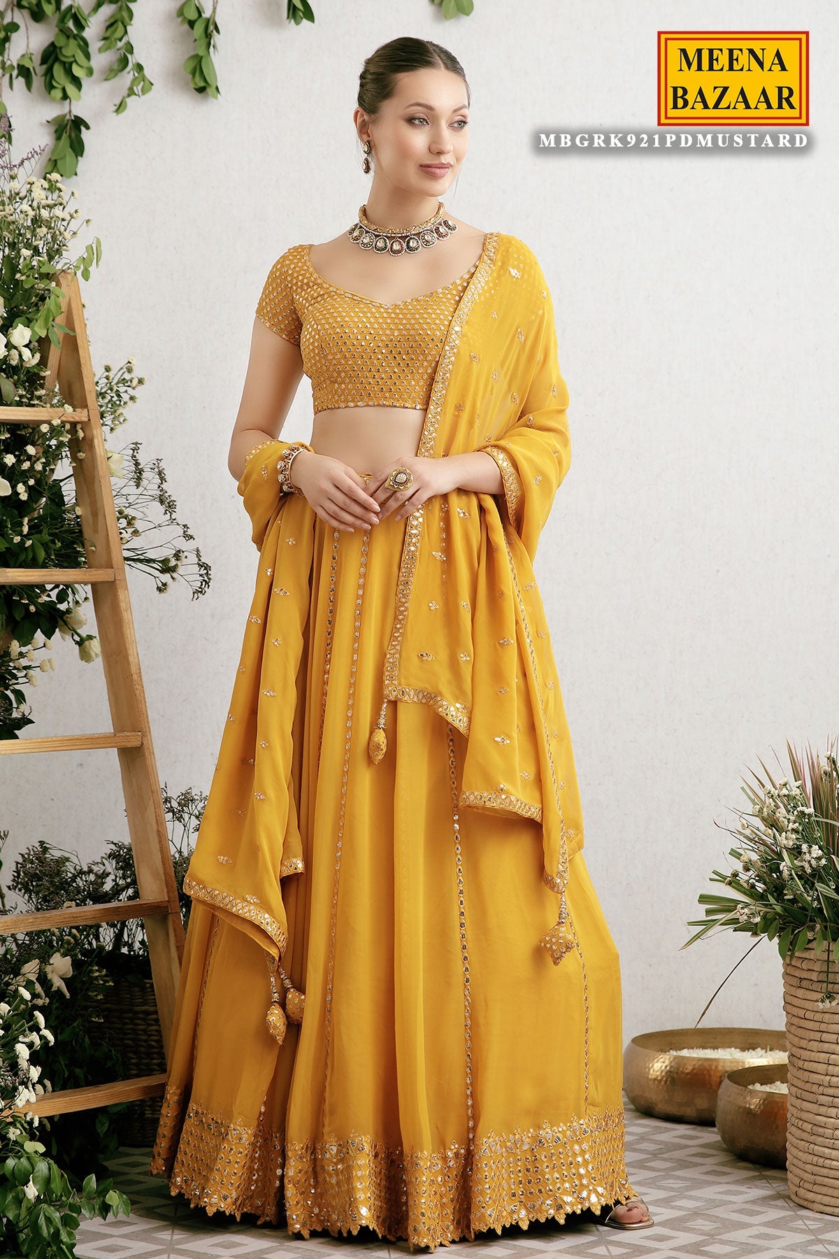 Mustard Embroidered Georgette Lehenga