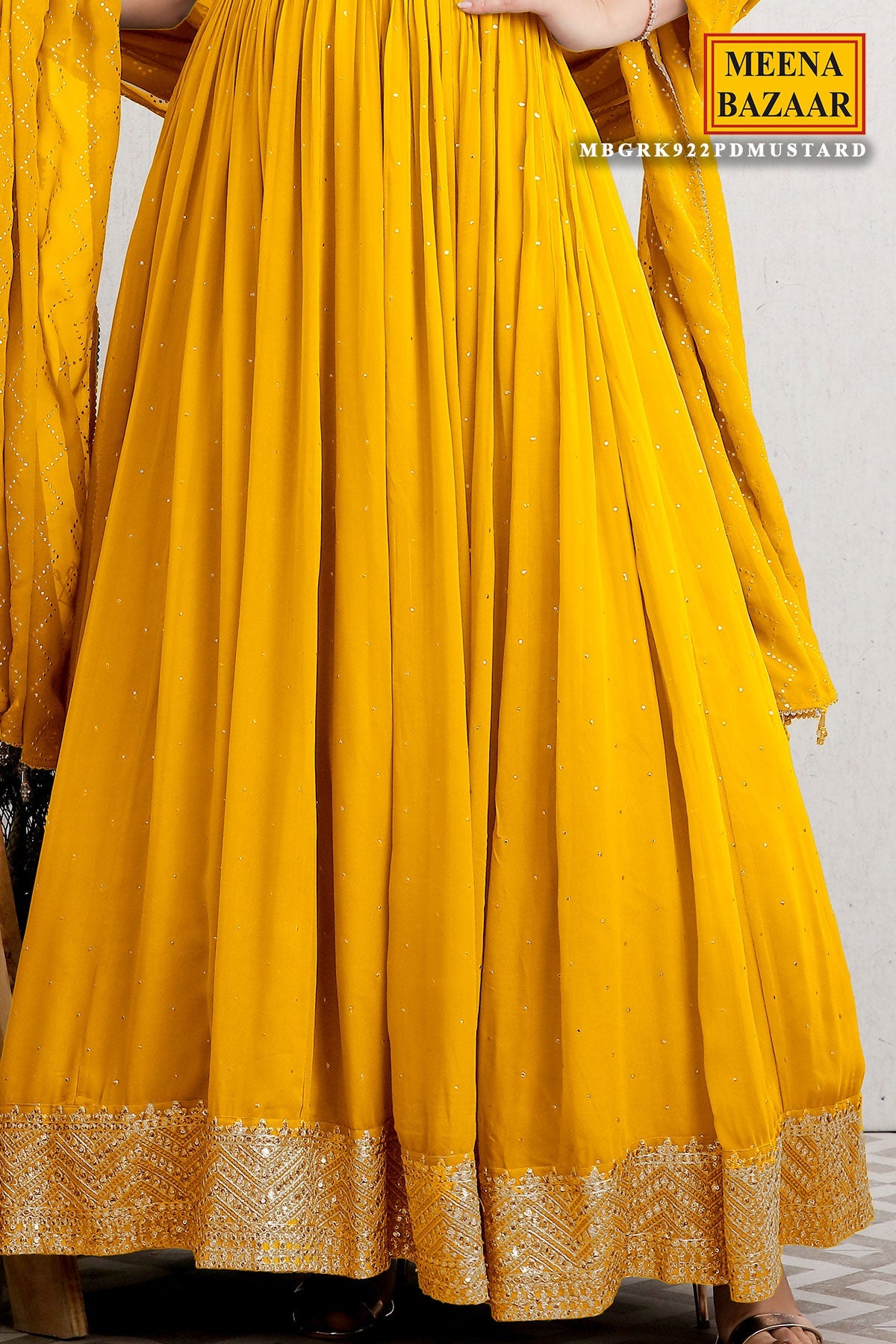 Mustard Embroidered Georgette Anarkali Floor-Length Gown and Dupatta Set