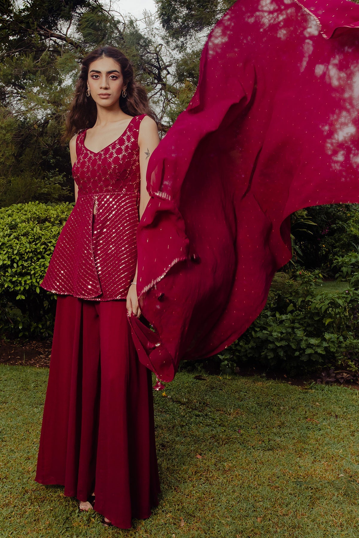 Wine Georgette Sequins Embroidered Sharara Suit