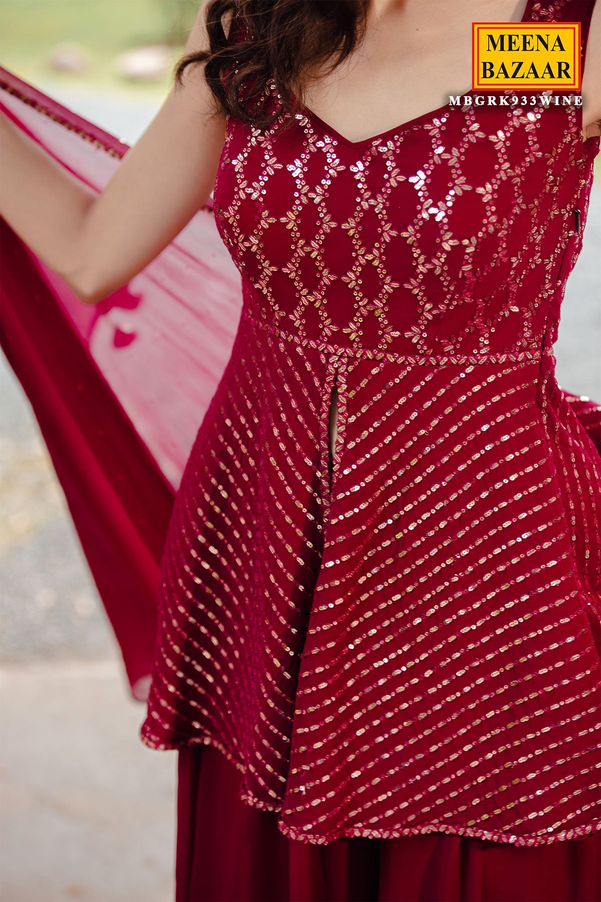 Wine Georgette Sequins Embroidered Sharara Suit