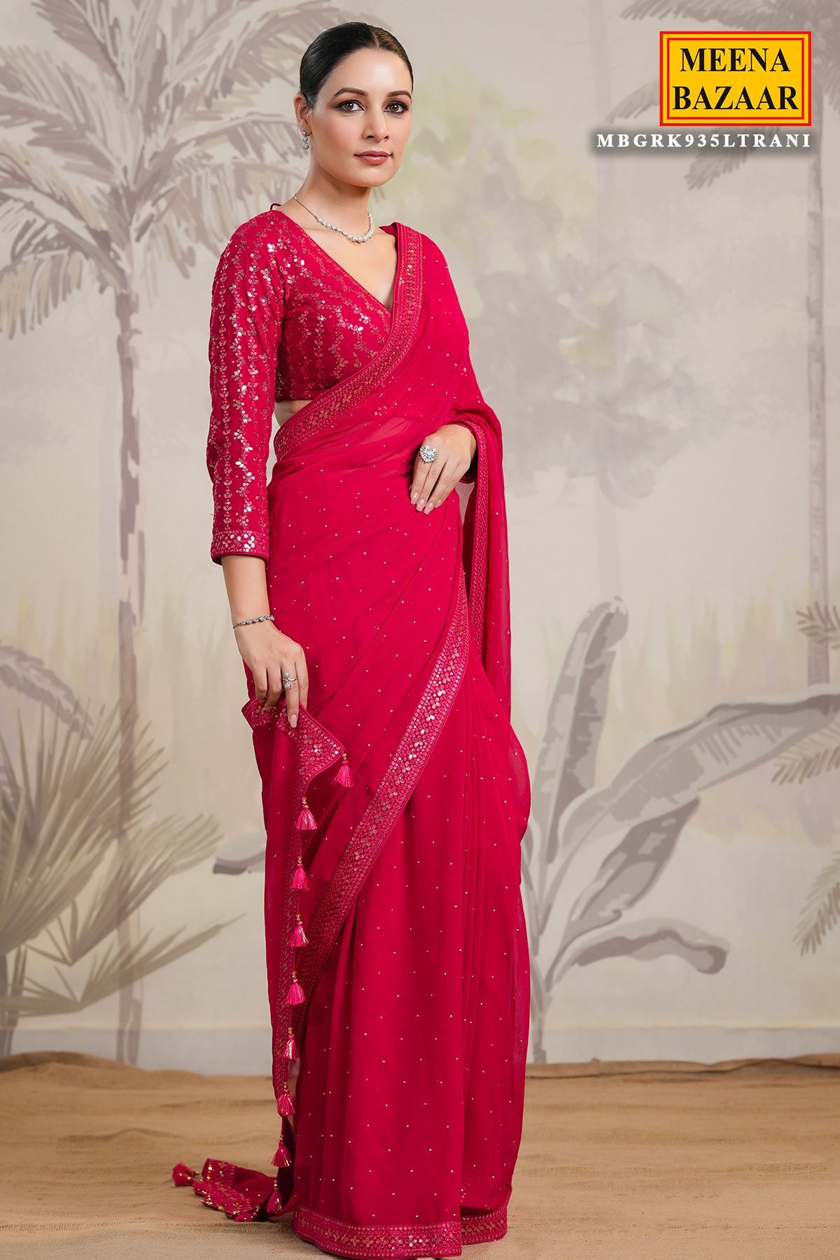 Rani Georgette Sequins Embroidered Saree
