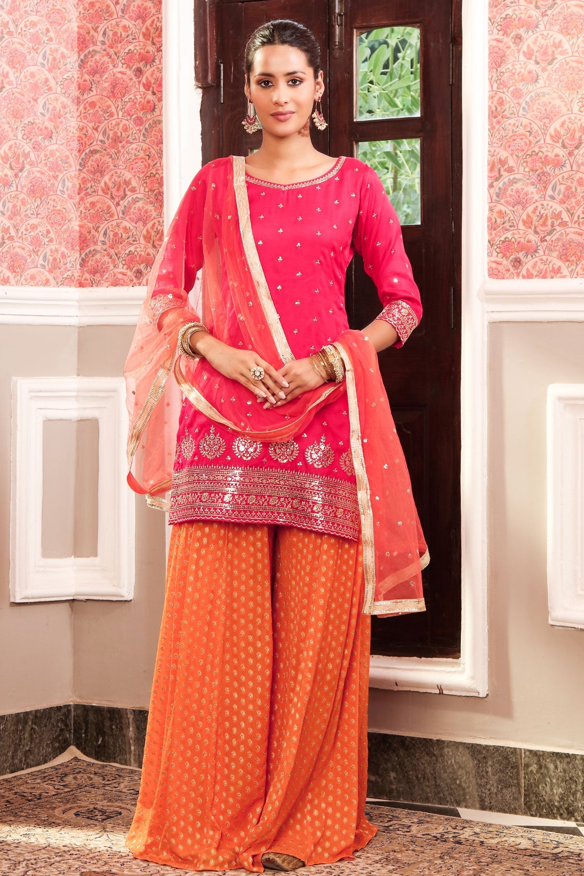 Rani Silk Embroidered Sharara Suit