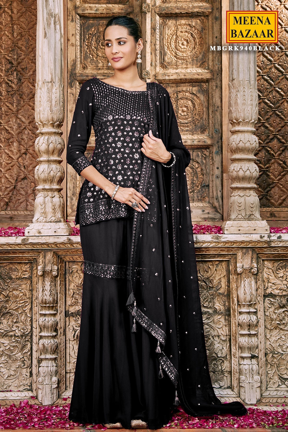 Black Georgette Embroidered Sharara ready Made Suit
