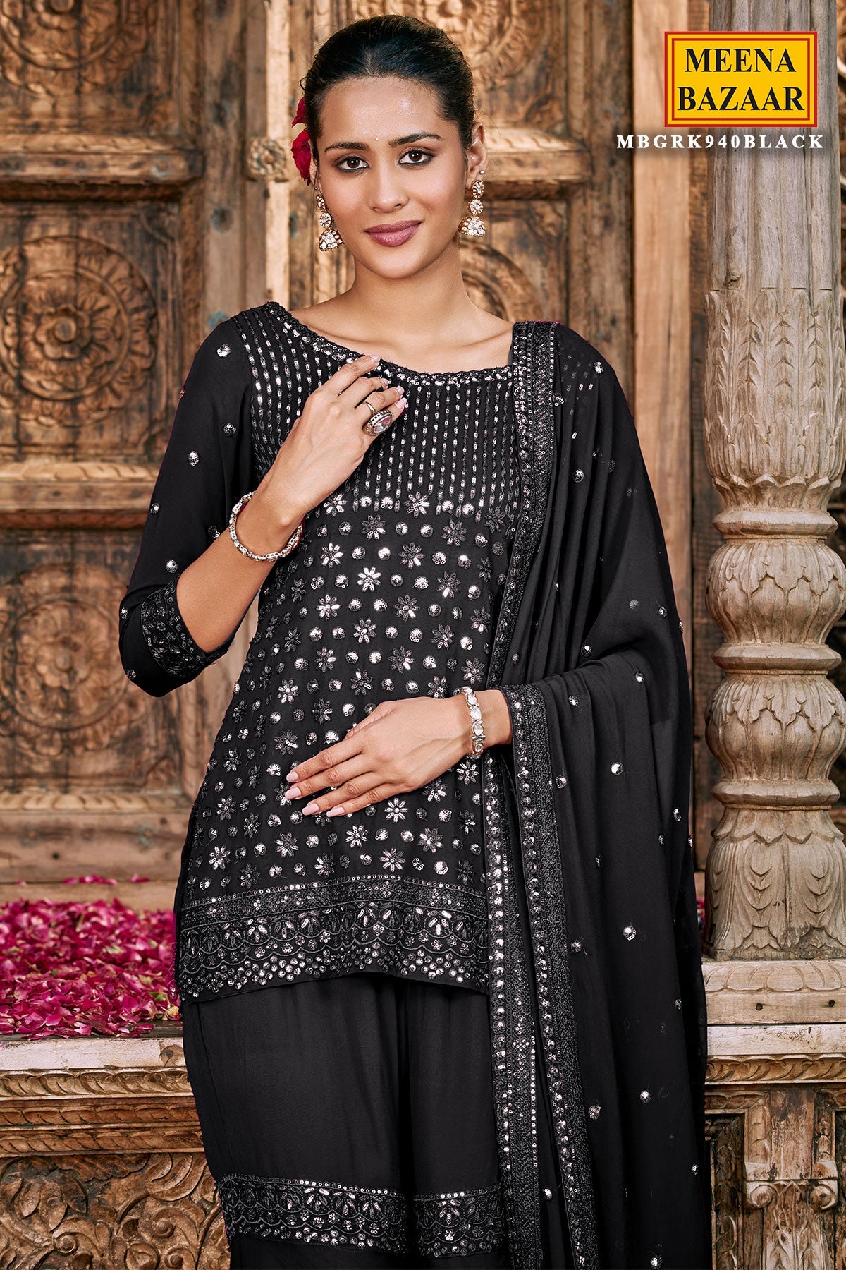 Black Georgette Embroidered Sharara ready Made Suit