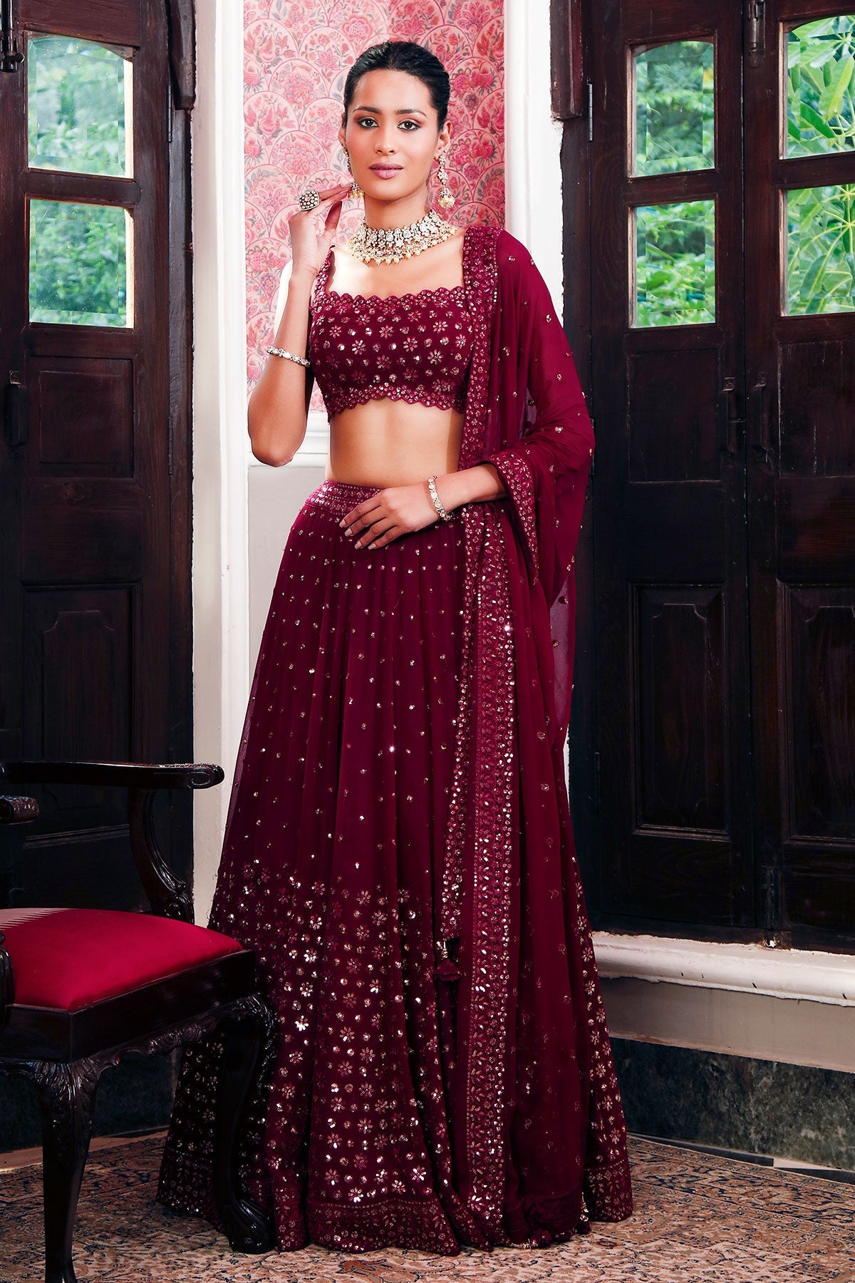 Wine Georgette Sequins Embroidered Lehenga
