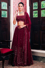 Wine Georgette Sequins Embroidered Lehenga