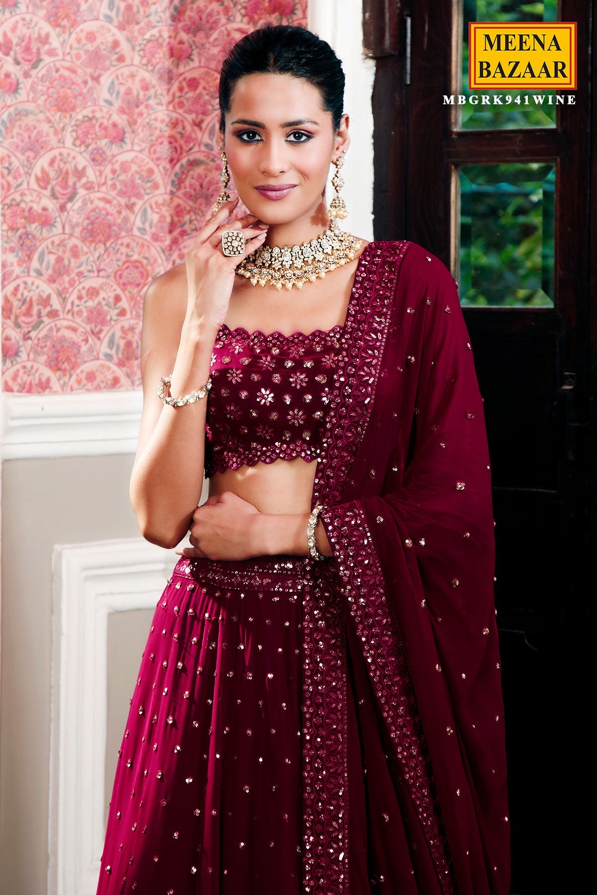 Wine Georgette Sequins Embroidered Lehenga