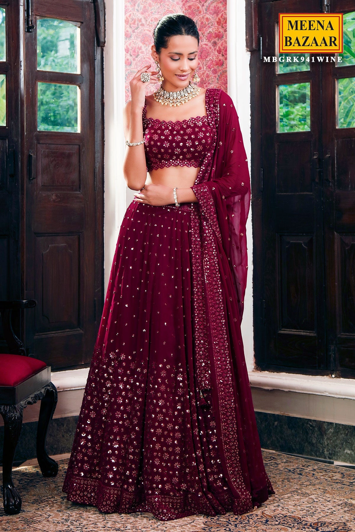 Wine Georgette Sequins Embroidered Lehenga