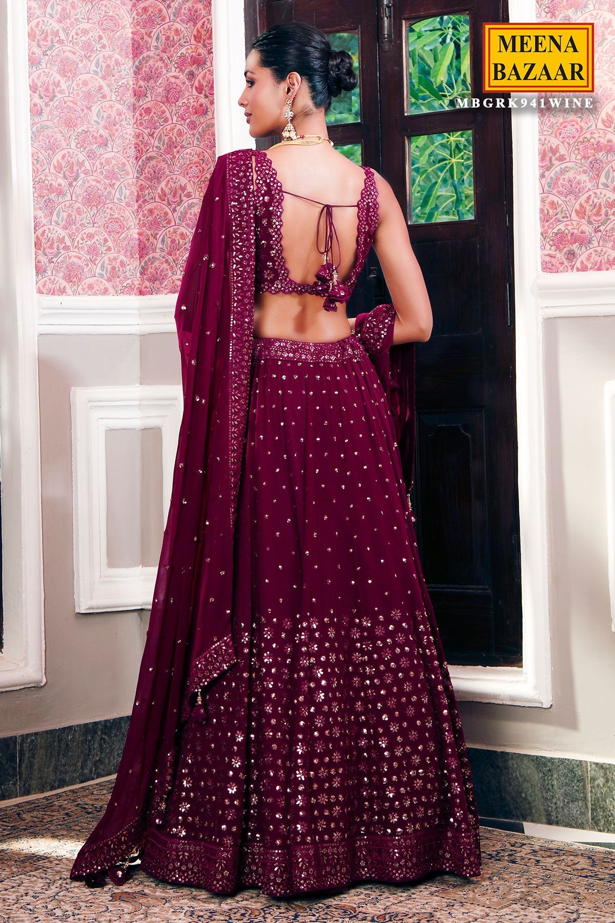Wine Georgette Sequins Embroidered Lehenga