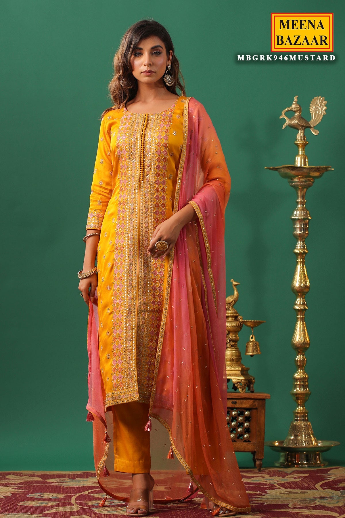 Mustard Silk Zari and Sequins Embroidered Unstitched Suit