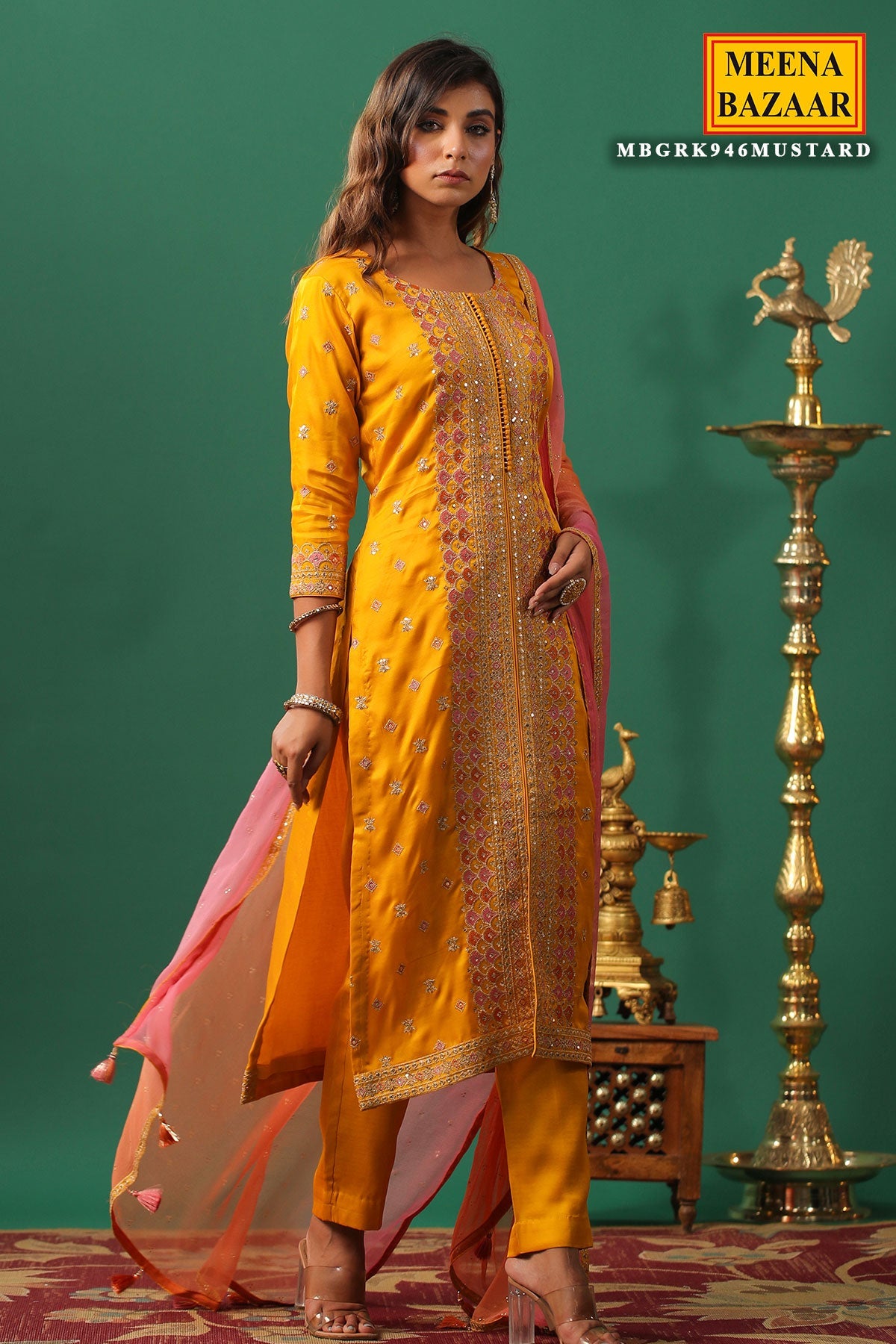 Mustard Silk Zari and Sequins Embroidered Unstitched Suit