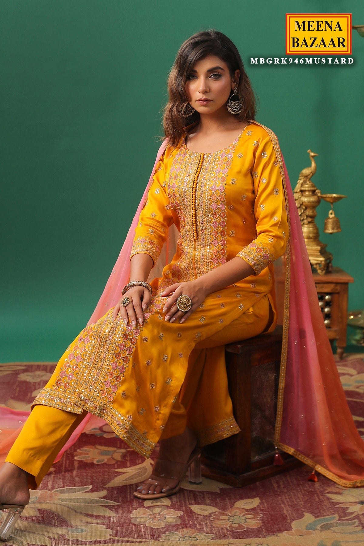 Mustard Silk Zari and Sequins Embroidered Unstitched Suit