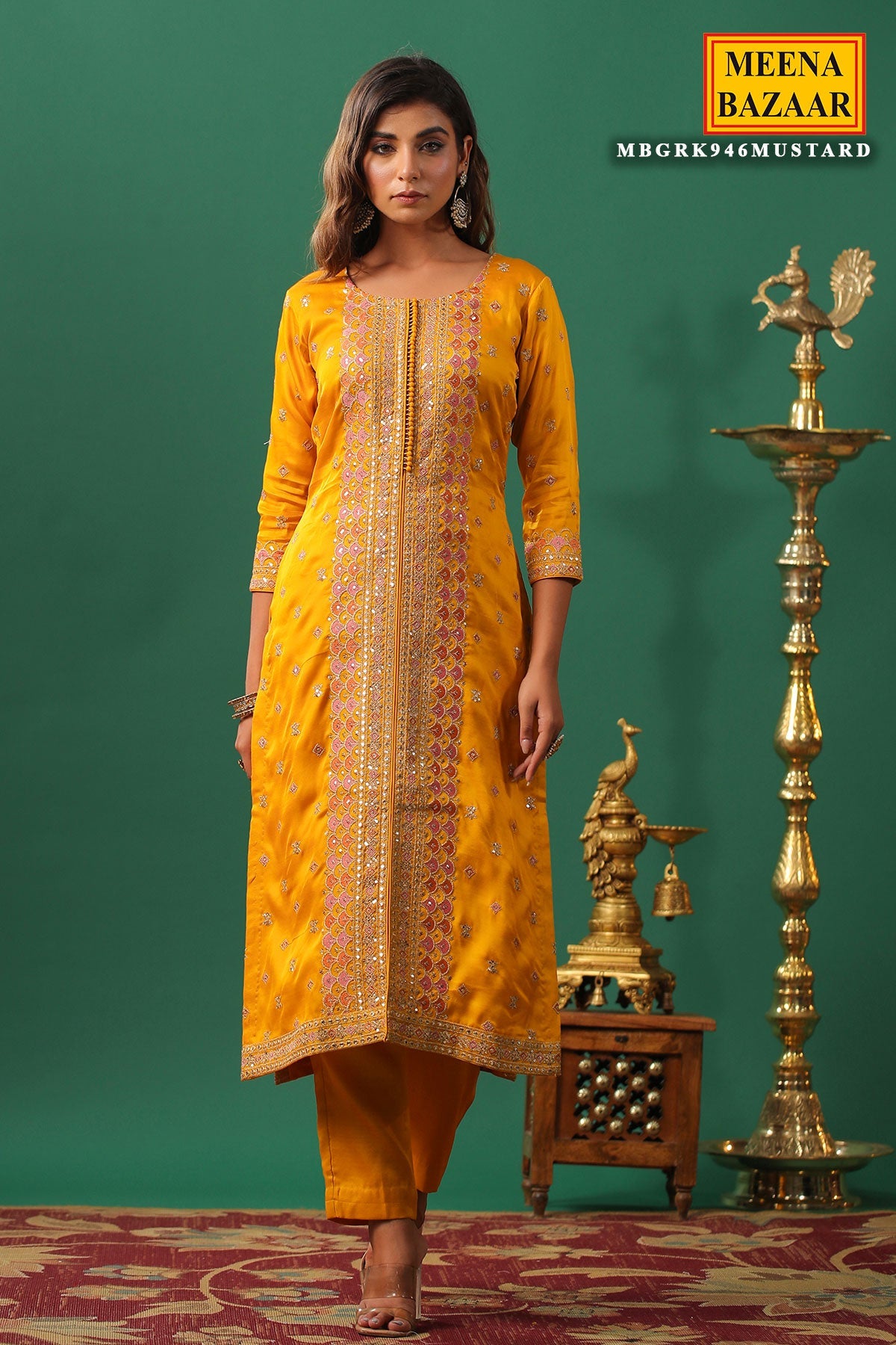 Mustard Silk Zari and Sequins Embroidered Unstitched Suit