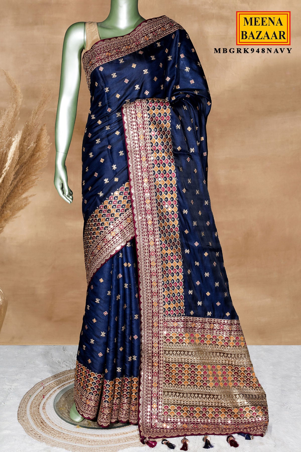 Navy Silk Embroidered Saree - Elegant Designer Party Wear Saree