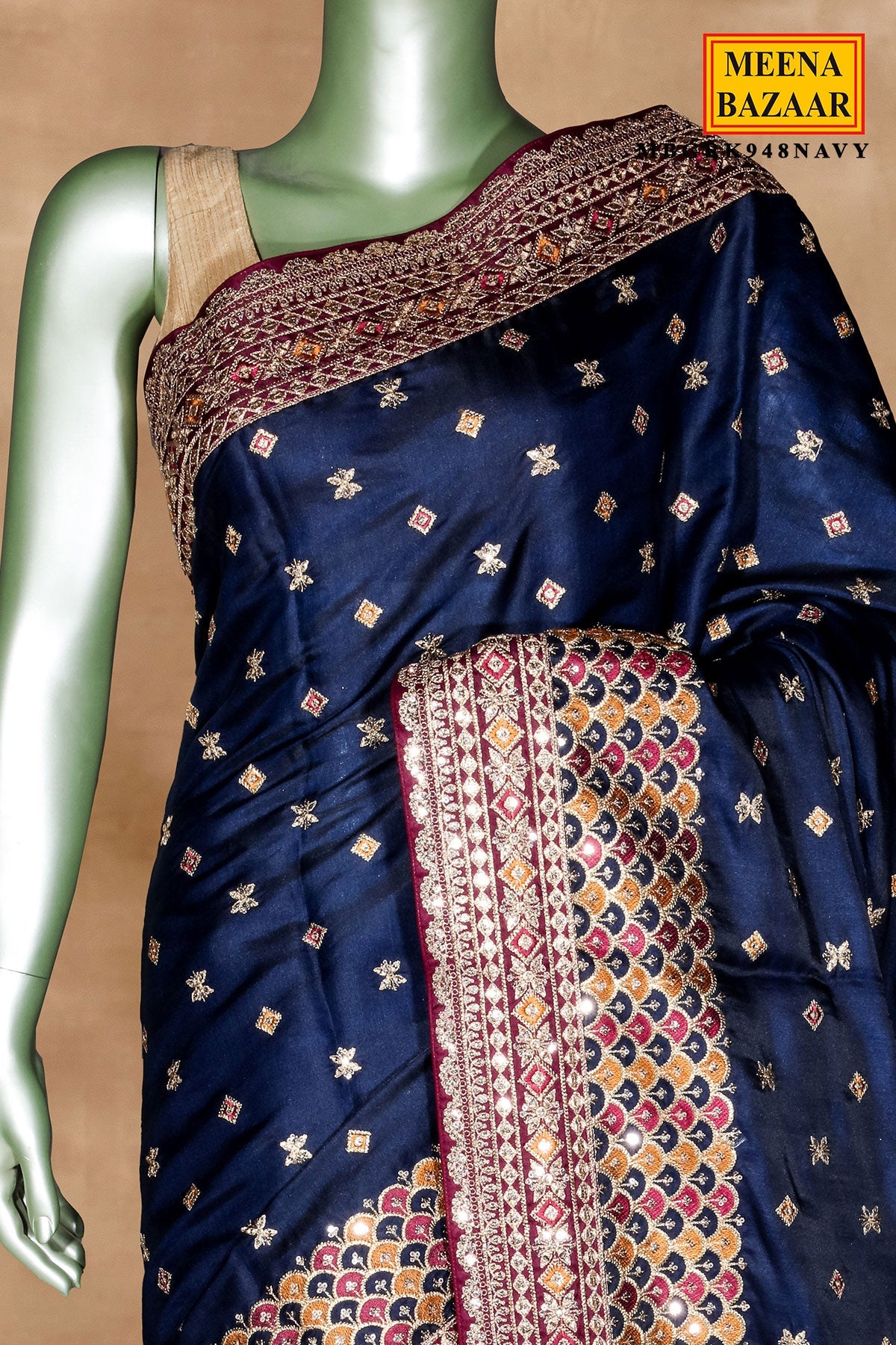 Navy Silk Embroidered Saree - Elegant Designer Party Wear Saree