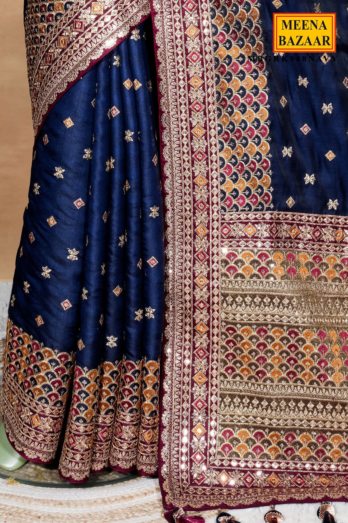 Navy Silk Embroidered Saree - Elegant Designer Party Wear Saree