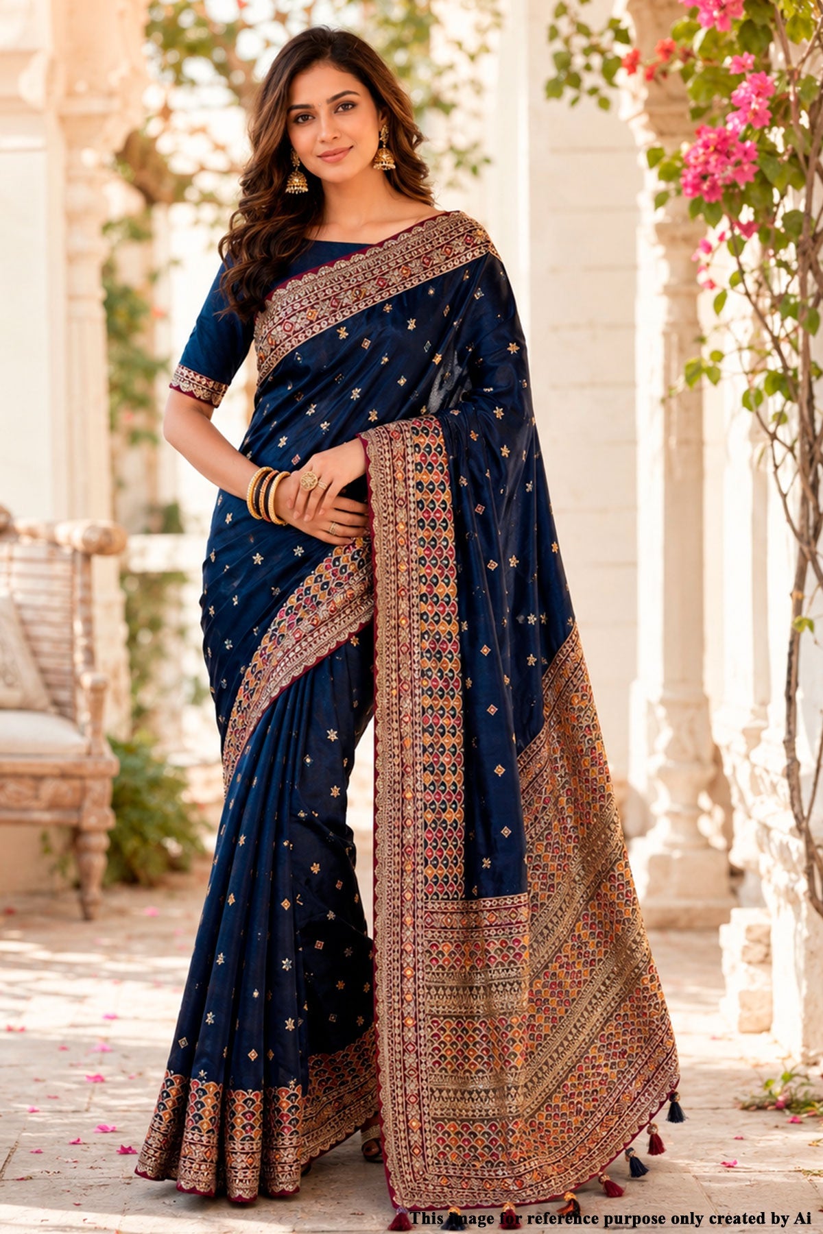 Navy Silk Embroidered Saree - Elegant Designer Party Wear Saree