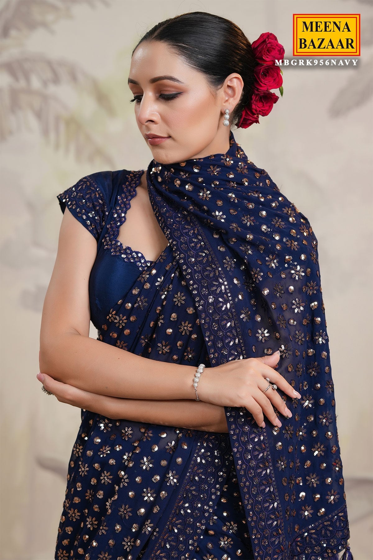 Navy Georgette Floral Sequins Embroidered Saree