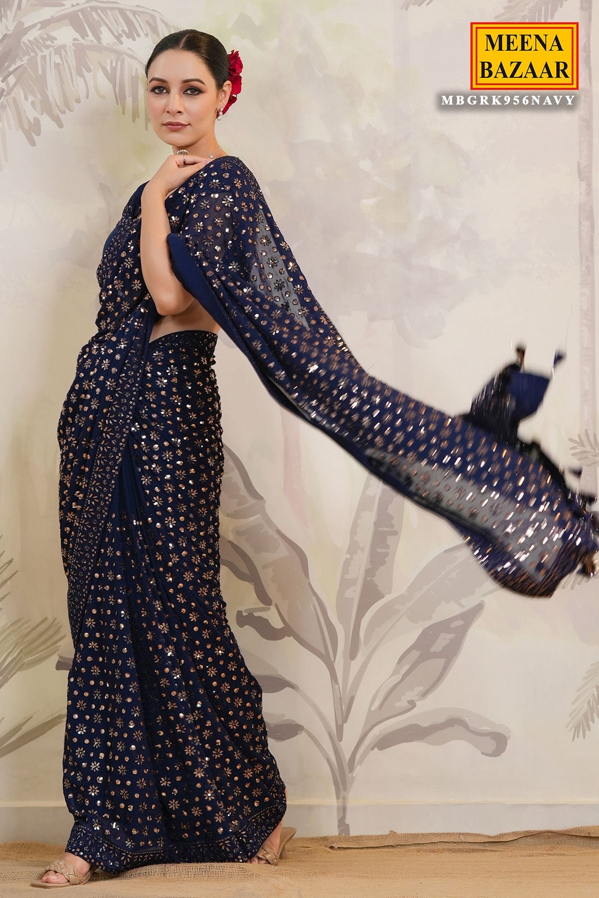 Navy Georgette Floral Sequins Embroidered Saree