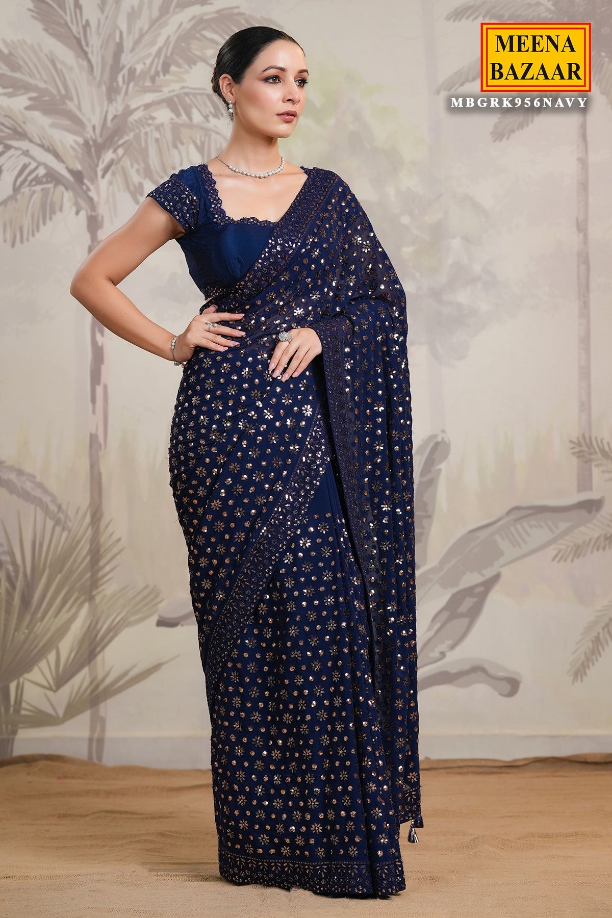 Navy Georgette Floral Sequins Embroidered Saree