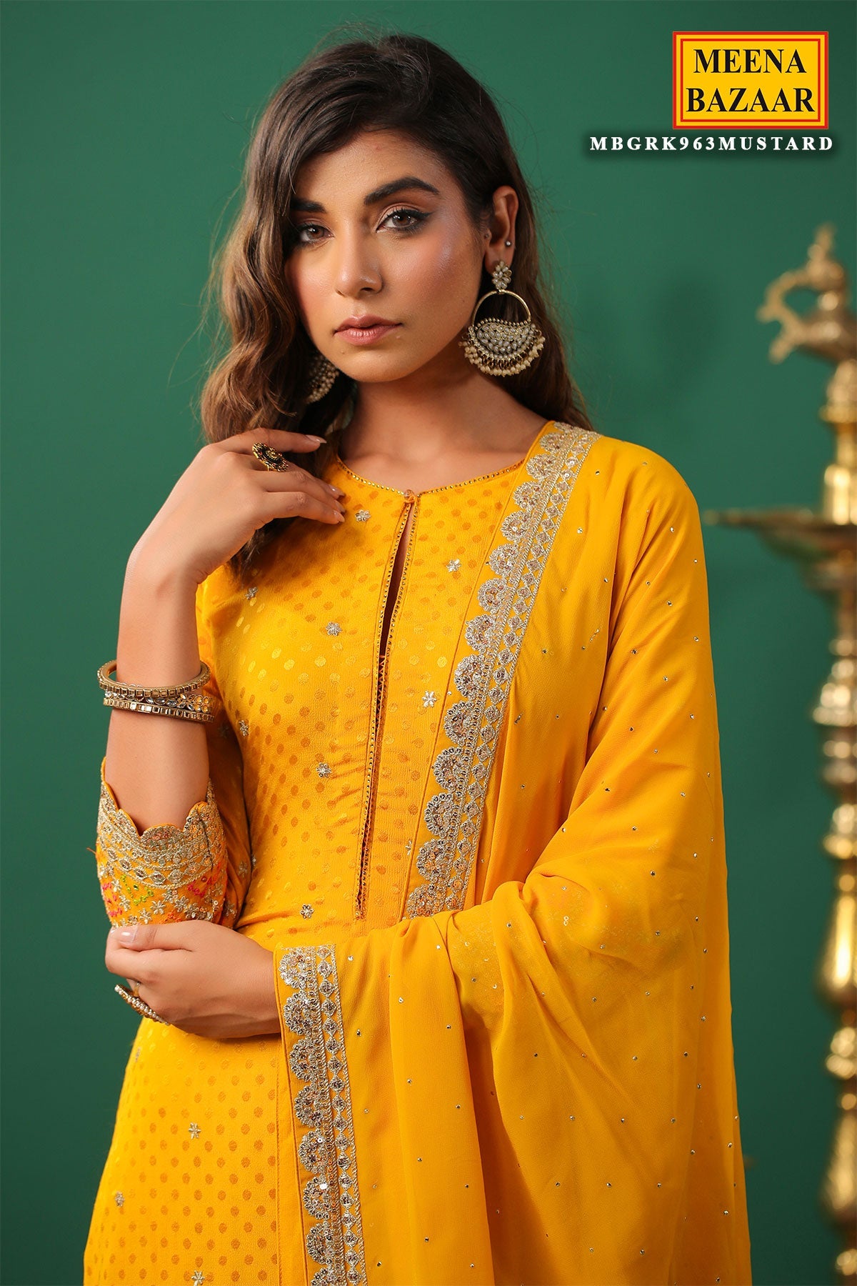 Mustard Jaquard Crepe Zari Thread and Sequins Embroidered Unstitched Suit