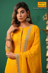 Mustard Jaquard Crepe Zari Thread and Sequins Embroidered Unstitched Suit