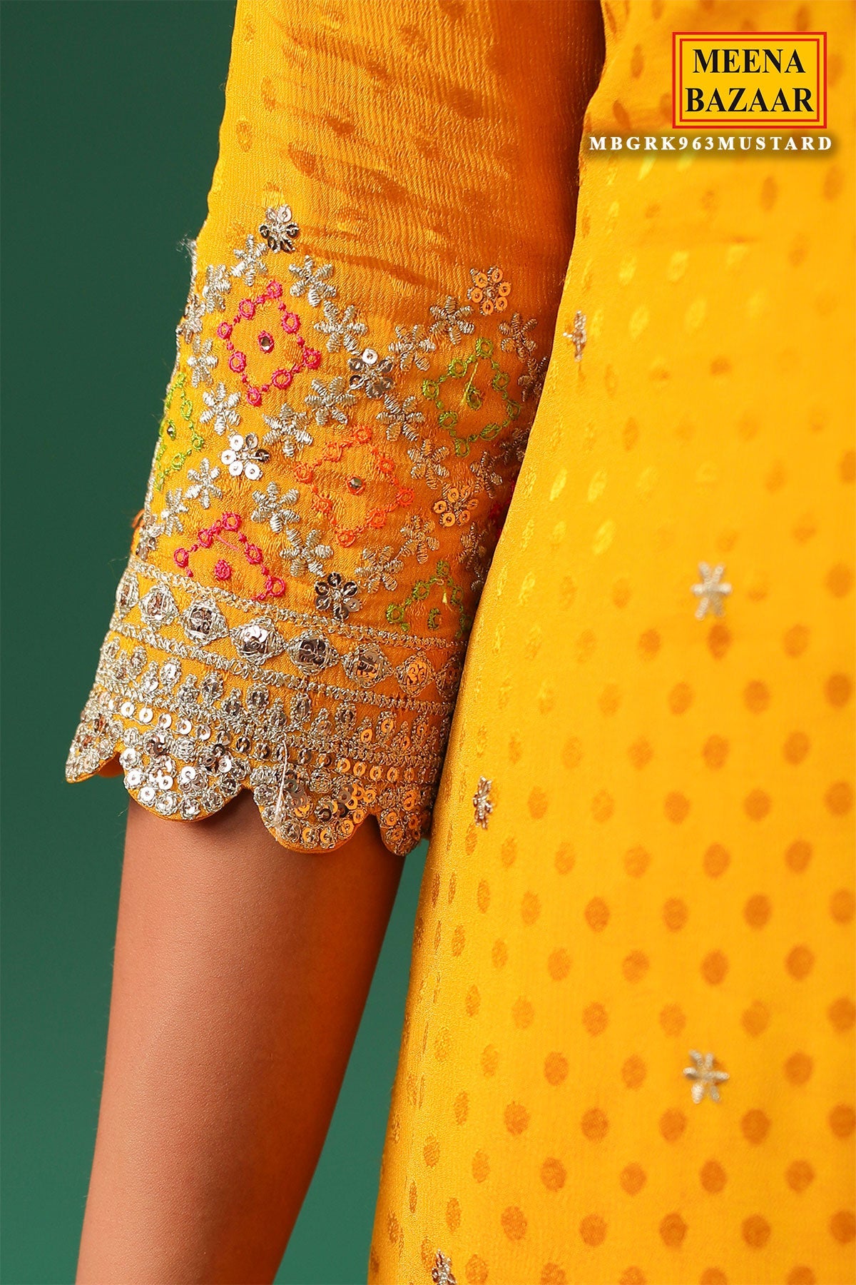 Mustard Jaquard Crepe Zari Thread and Sequins Embroidered Unstitched Suit