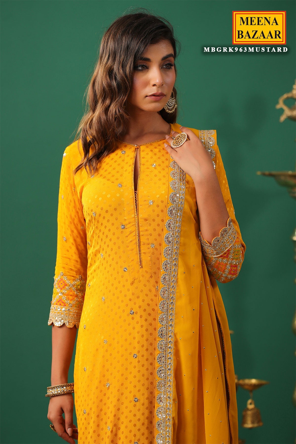 Mustard Jaquard Crepe Zari Thread and Sequins Embroidered Unstitched Suit