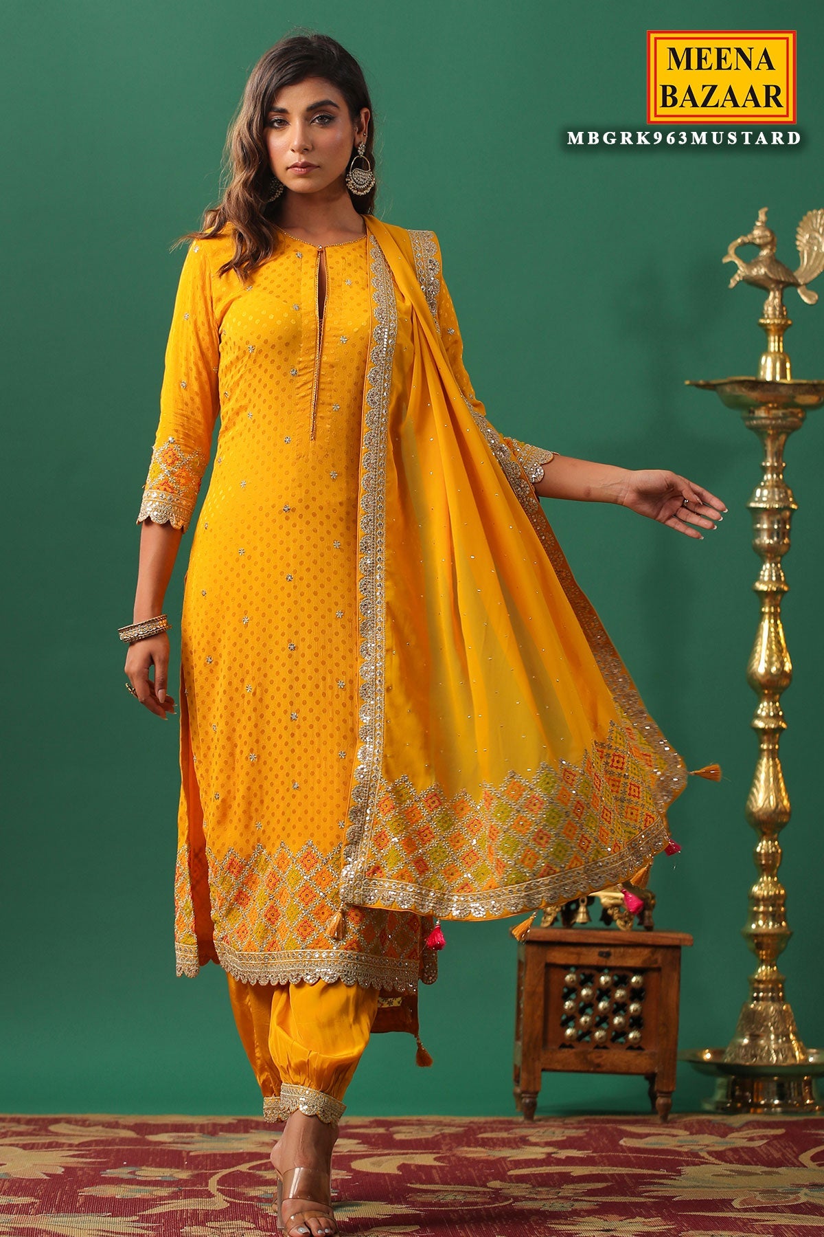 Mustard Jaquard Crepe Zari Thread and Sequins Embroidered Unstitched Suit