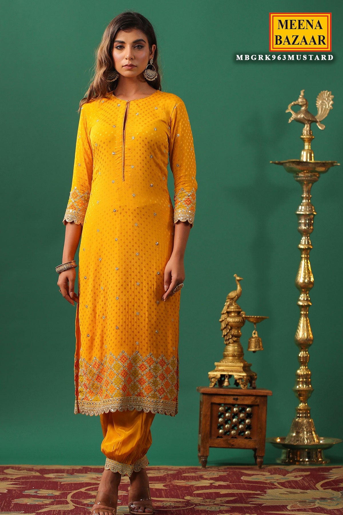 Mustard Jaquard Crepe Zari Thread and Sequins Embroidered Unstitched Suit