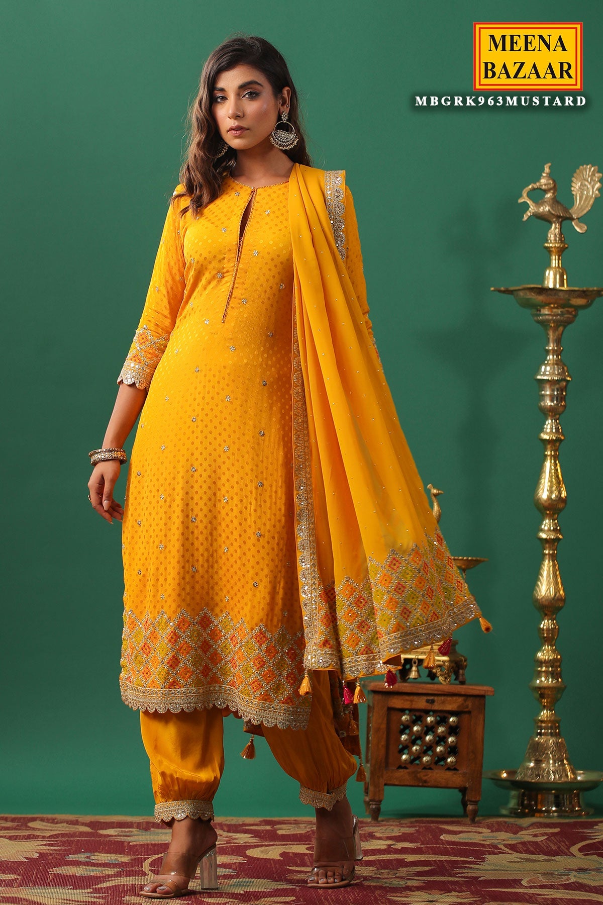 Mustard Jaquard Crepe Zari Thread and Sequins Embroidered Unstitched Suit