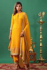 Mustard Jaquard Crepe Zari Thread and Sequins Embroidered Unstitched Suit