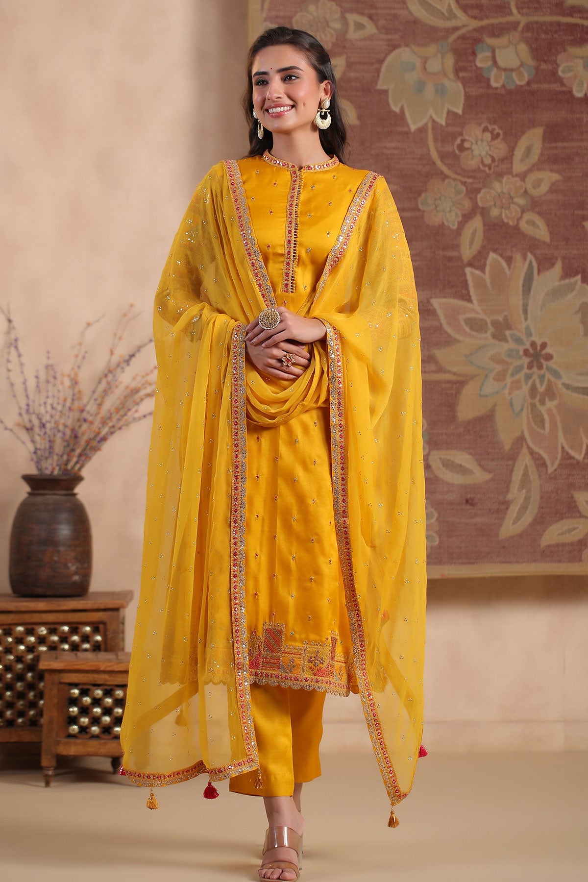 Mustard Silk  Embroidered Unstitched Suit