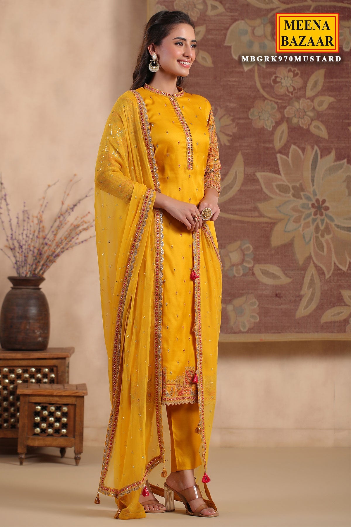 Mustard Silk  Embroidered Unstitched Suit