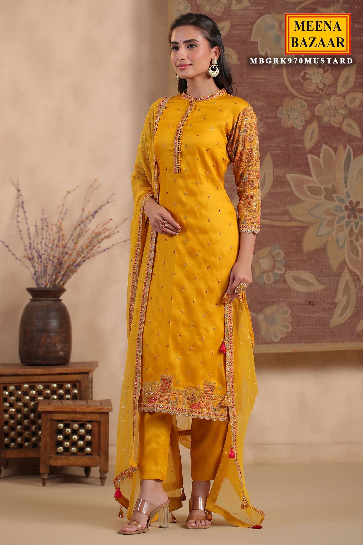 Mustard Silk  Embroidered Unstitched Suit