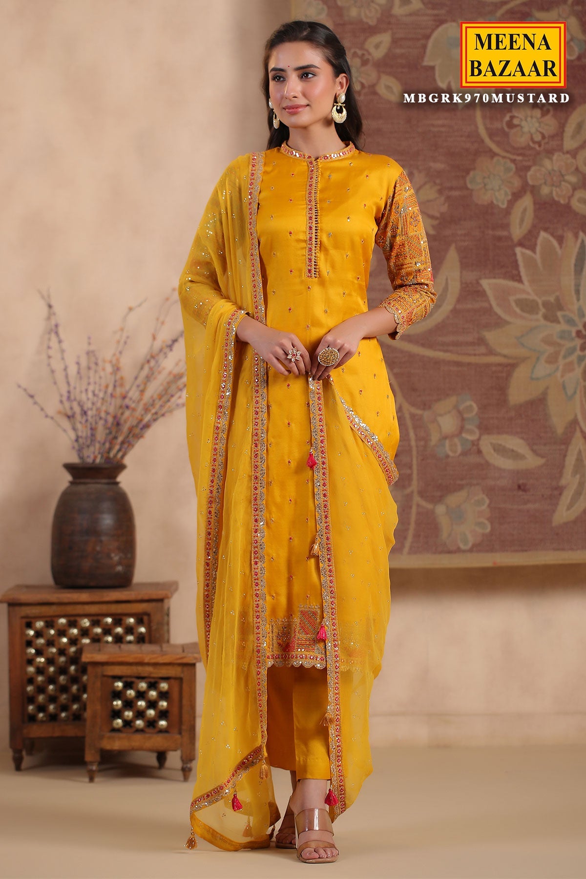 Mustard Silk  Embroidered Unstitched Suit